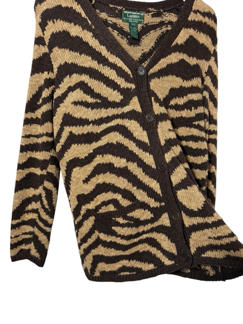 Vintage Lauren Ralph Lauren Hand Knit Linen Cotton Zebra Print Cardigan Size P/S - Picture 6 of 9